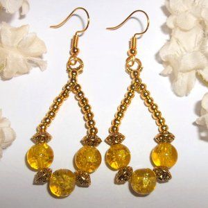 Hoop Earrings Gold and Yellow Crackled Glass Beaded Teardrop Dangle Gift 7005